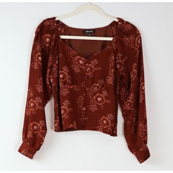 Madewell Preston Puff Sleeve Blouse Burgundy Letterpress Floral - Size XS - Picture 1 of 5